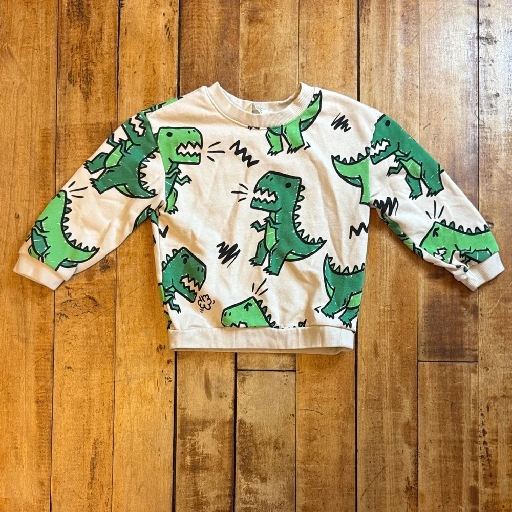 H&M Cream graphic Sweatshirt 2T Green Dinosaur crew neck unisex cotton